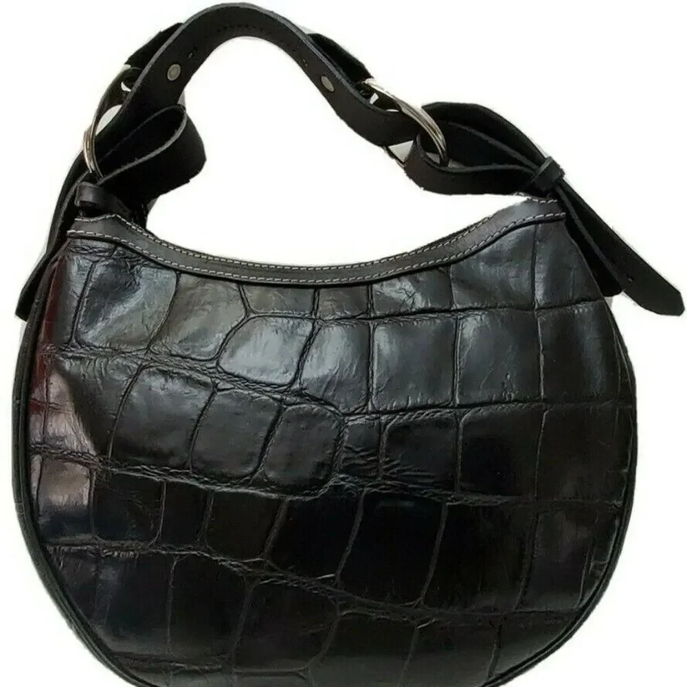 Y2K‎ Rare Dooney & Bourke Moon Round Baguette Purse Black Leather Croc Embossed